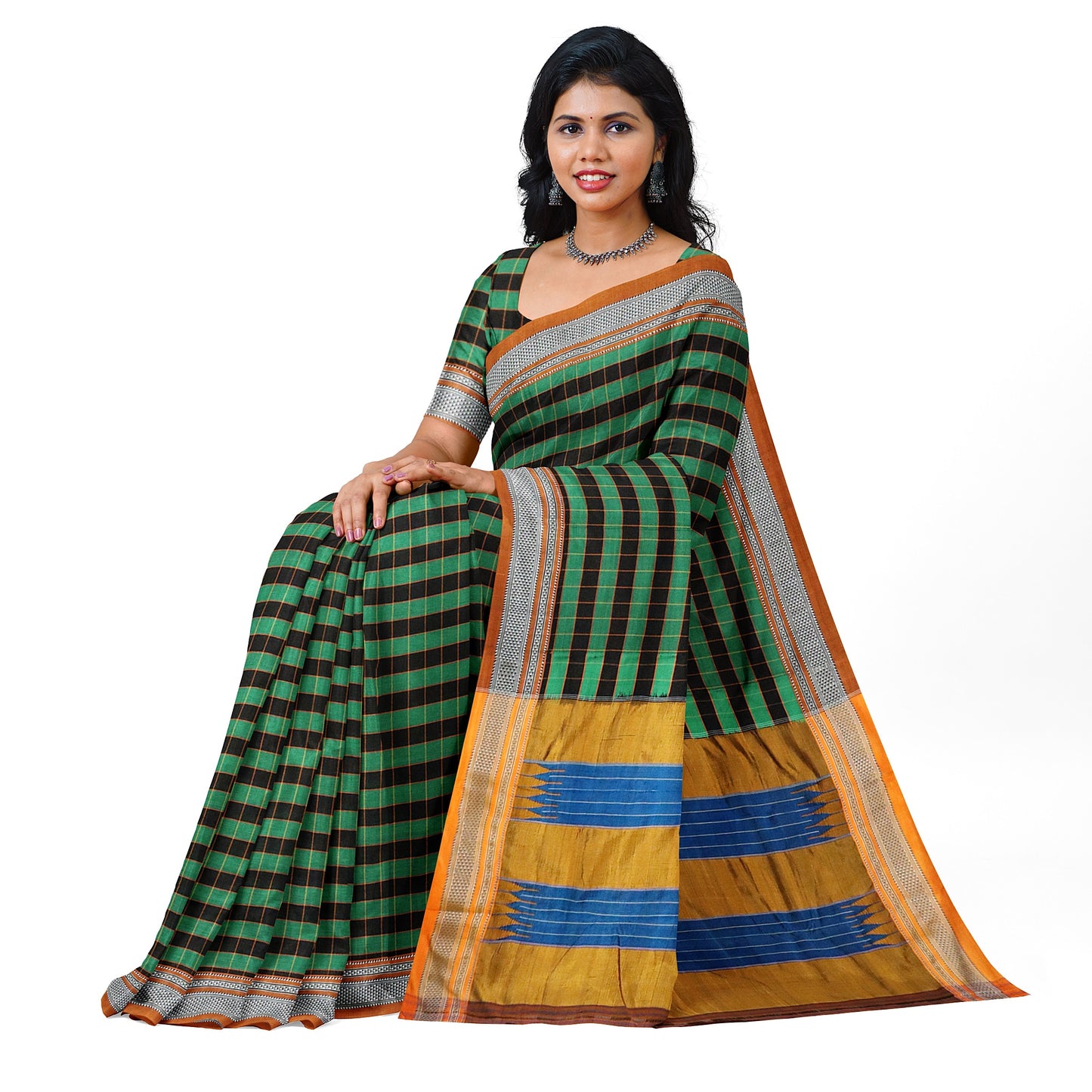 Ilkal Handloom Multi Colour Checks Pure Cotton Silk Saree