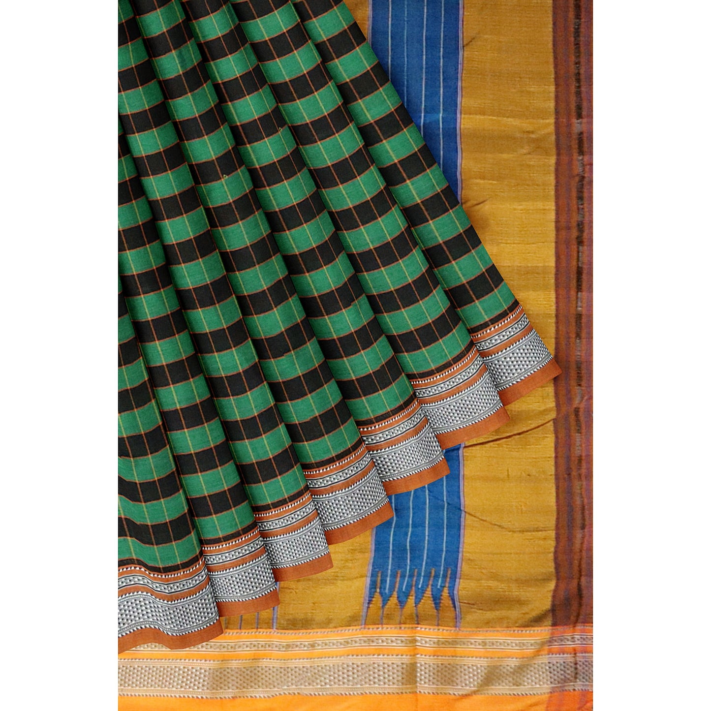 Ilkal Handloom Multi Colour Checks Pure Cotton Silk Saree