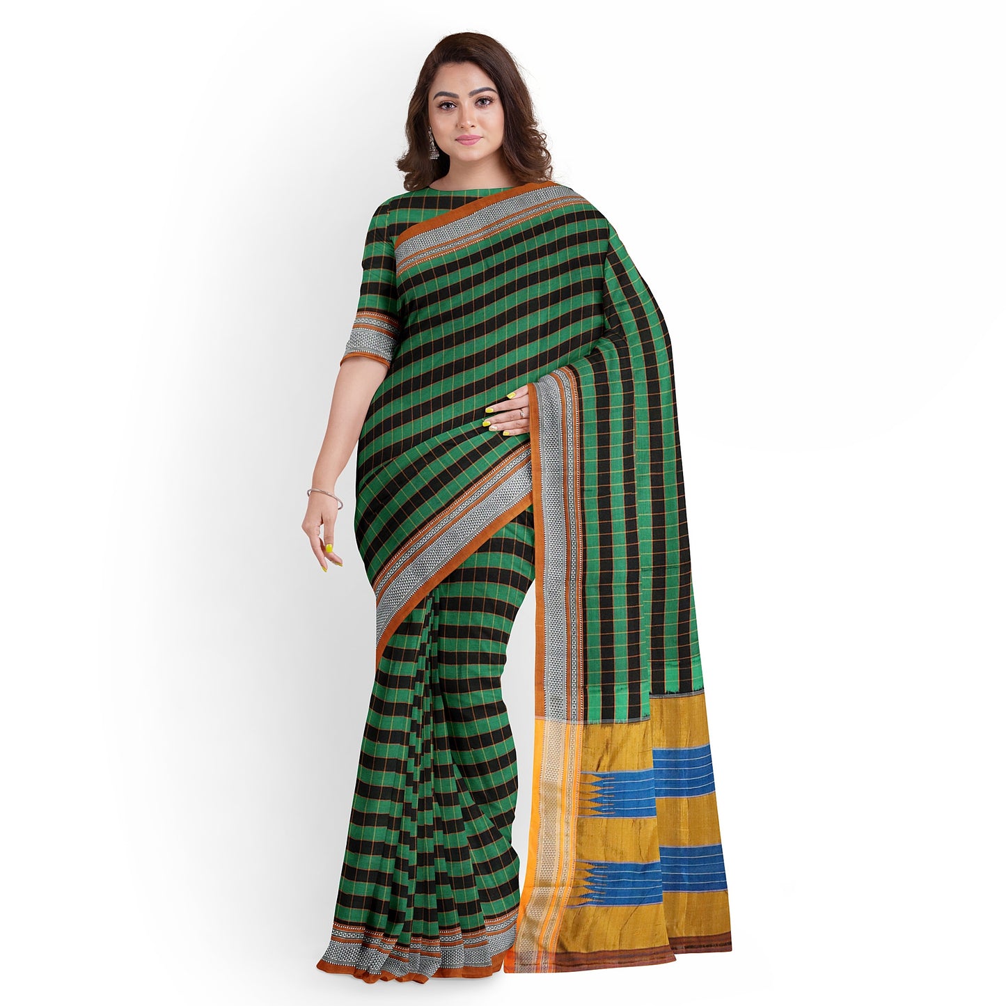 Ilkal Handloom Multi Colour Checks Pure Cotton Silk Saree