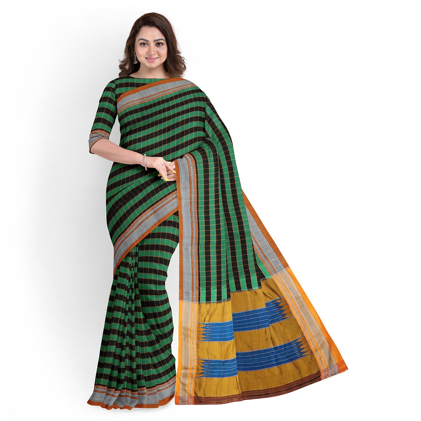 Ilkal Handloom Multi Colour Checks Pure Cotton Silk Saree