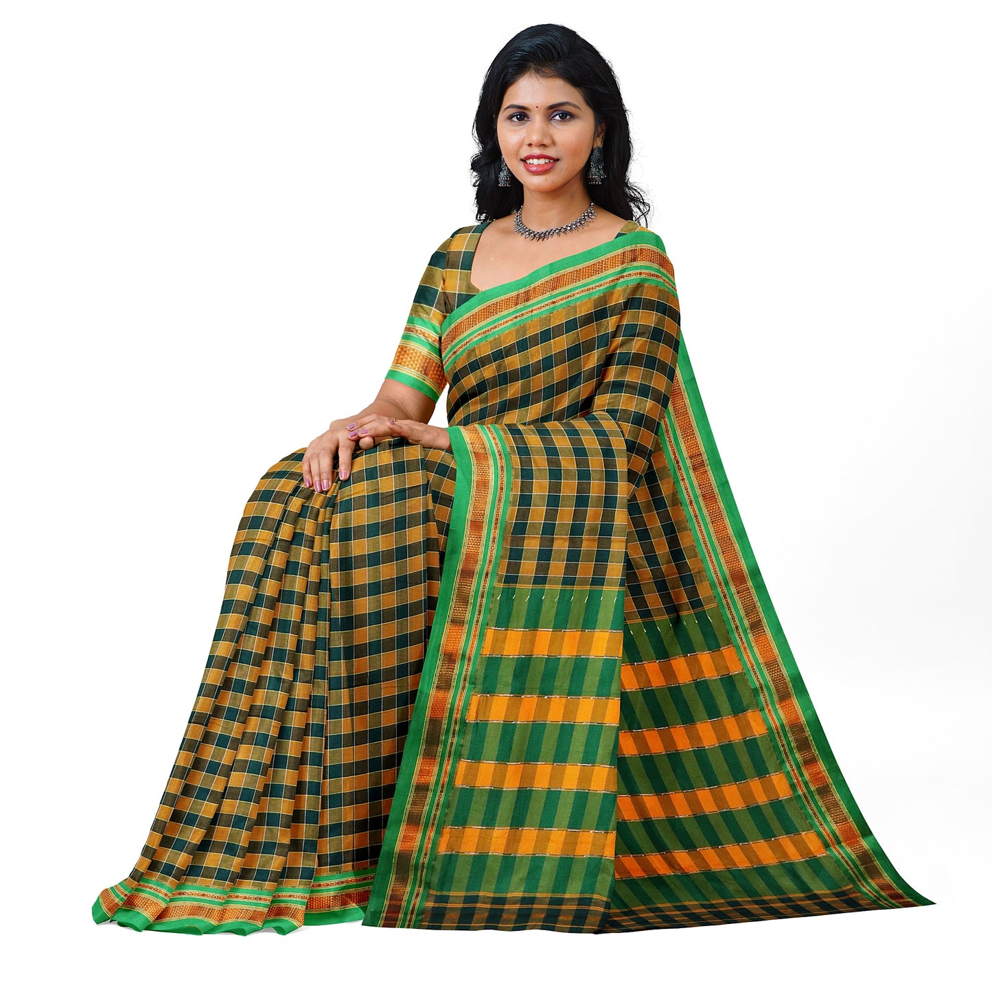 Ilkal Multi Colour Checks Cotton Silk Saree